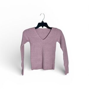 Women’s Sweater Fitted Ribbed Knit Mauve Pink V Neck Possibly Small